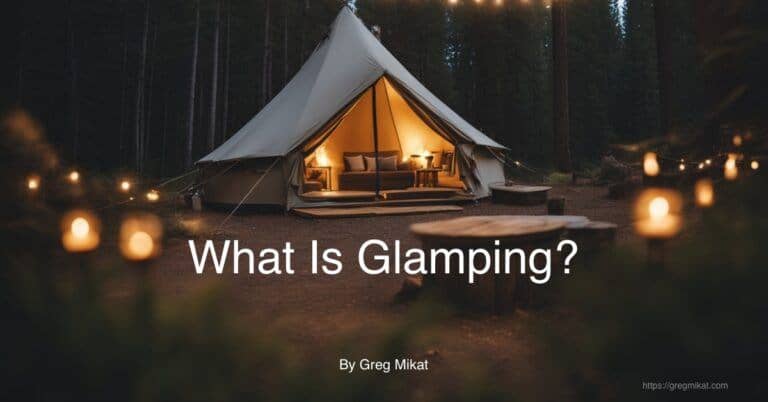 a glamping tent at night with glowing firelight