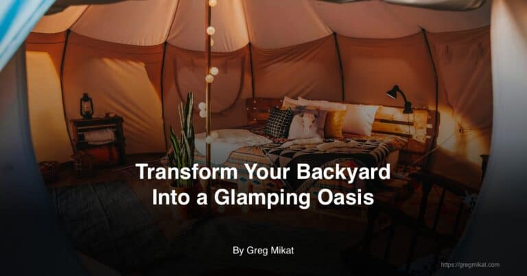 Backyard glamping tent with luxurious bedding and hanging lights